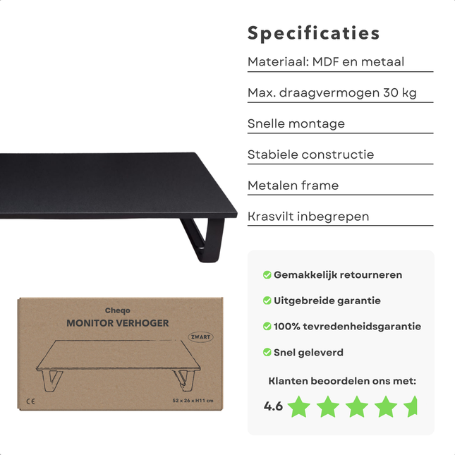 Cheqo® Monitorstandaard MDF - Monitor Standaard - Bureau Organizer - Monitor Verhoger - Laptop Standaard - Laptopverhoger - Ergonomische Bureau Verhoger - Zwart Metaal Design
