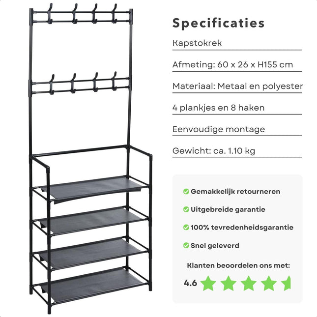 Cheqo® Compact Kledingrek - met Opbergruimte - Ideaal voor Gang of Slaapkamer - 60 x 26 x H155 cm - Lichtgewicht Design - Metaal - Polyester - Schoenenrek - Kapstok - Kledingkast - Multifunctioneel - Stijlvol Design - 8 Haken - 4 Plankjes Kledingrek