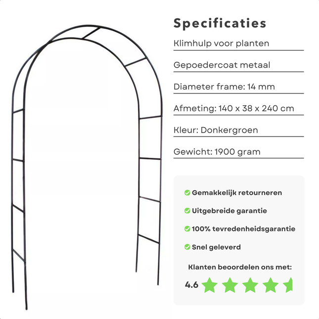 Donkergroene Cheqo Rozenboog van gepoedercoat metaal, 140 x 240 cm, ideale klimrek voor planten in de tuin.