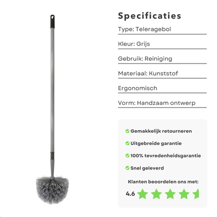 Cheqo® Telescopische Plumeau - Duster - Ragebol - Grijs - Stofborstel - Uitschuifbaar tot 3m - Spinrag Verwijderaar - Duurzaam Materiaal