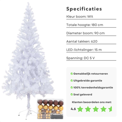 Cheqo® Kerstboom - Kunstkerstboom 180 cm - Witte PVC Boom met LED-Verlichting en Kerstballen - Sneeuw Effect