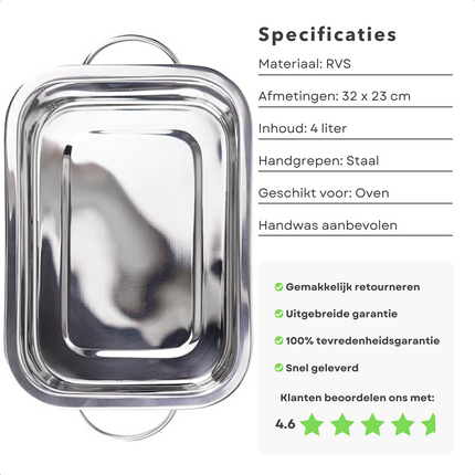 Cheqo® Diepe Ovenschaal RVS - Braadslee - Lasagneschaal - Grote Bakvorm 32x23cm - Bakvorm met Handgrepen - Roestvrijstalen Bakvorm - 4 Liter Inhoud - Geschikt voor Oven en Koelkast - Vaatwasserbestendig