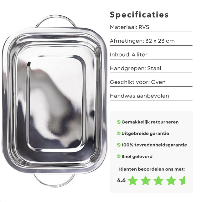 Cheqo® Diepe Ovenschaal RVS - Braadslee - Lasagneschaal - Grote Bakvorm 32x23cm - Bakvorm met Handgrepen - Roestvrijstalen Bakvorm - 4 Liter Inhoud - Geschikt voor Oven en Koelkast - Vaatwasserbestendig