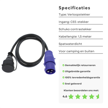 Cheqo® CEE Verloopstekker - Camping Verloop -  CEE Stekker - Adapter - 1.5m Randaarde Adapter - Spatwaterdicht voor Camping