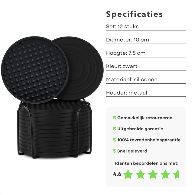 Cheqo siliconen onderzetters met houder, set van 12, zwart, anti-slip en waterbestendig, klantenbeoordeling 4.6 sterren.