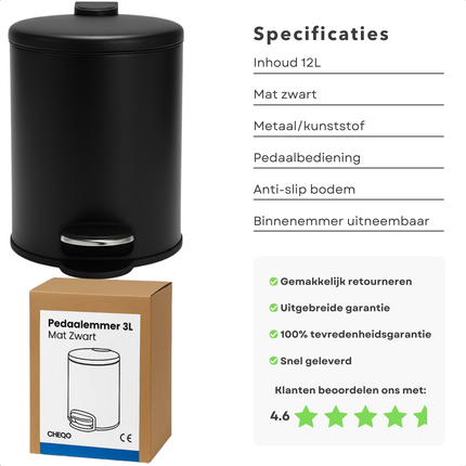 Cheqo® Pedaalemmer 12 Liter - Mat Zwarte Prullenbak - Metalen Pedaalemmer - Kunststof Pedaal - Uitneembare Binnenemmer - Anti-Slip Bodem - Geschikt Voor Keuken - Geschikt Voor Kantoor - Pedaalemmer Met Deksel - Compacte Pedaalemmer