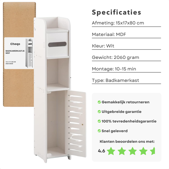Cheqo® Badkamerkastje - Toiletkast - Badkamer Organizer - Opbergkast Badkamer of Slaapkamer - Badkamer Kast - Badkamerkast - Opbergkast - Smal en Hoog - 80 cm - MDF - Witte Opberger