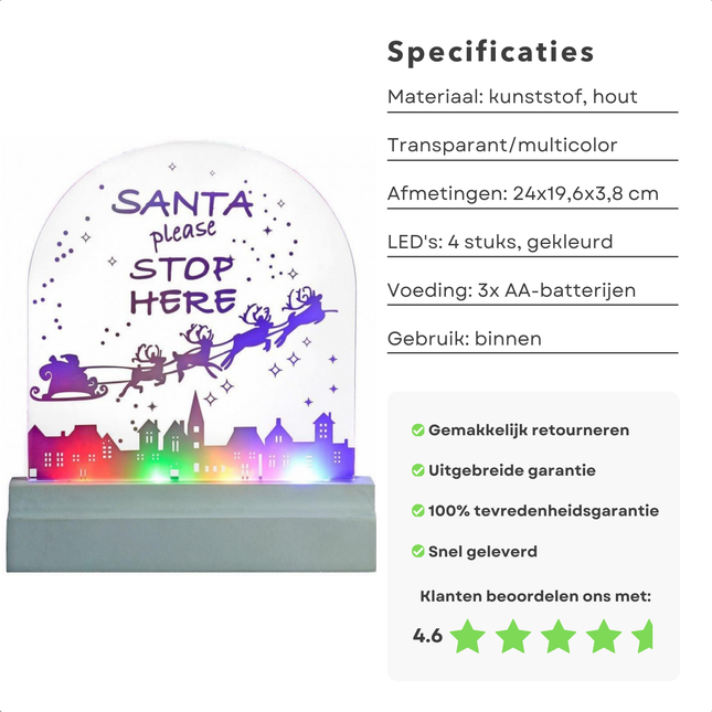 Cheqo® Kerstverlichting LED - Santa Please Stop Here - Meerkleurig Decoratief Bord - Acryl Kerstversiering - 30x20 cm