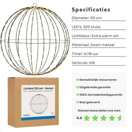 Cheqo® Lichtbol Kerstverlichting - Kerstbal LED - Extra Warm Wit - Met Timer - 50 cm Diameter - Binnen En Buiten - IP44 - Zwart Metaal - Kerstfiguur - Kerstdecoratie - Kerstlampjes - LED Bal - Lichtgevende Kerstbal