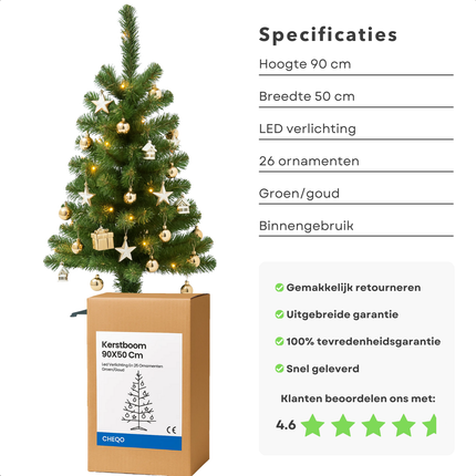 Cheqo® Kerstboom met Verlichting - Kunstkerstboom met LED-Verlichting – 90cm – Groene & Gouden Kerstboom – Met Kerstballen – Kunstkerstboom met Verlichting – Compacte Kerstboom – Kerstdecoratie - Met Gouden Kerstballen