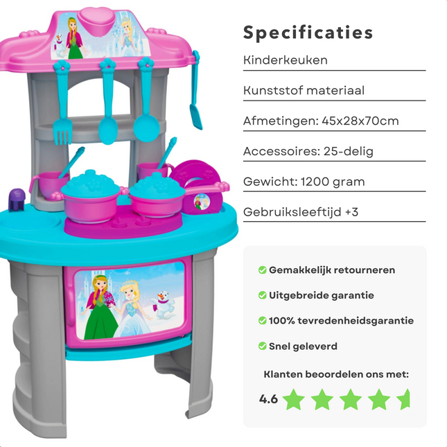 Cheqo® Kinderkeuken Speelgoed Set - Kunststof Speelkeuken met 25 Accessoires - Prinsessen Keuken - Speelgoed Keukengerei - 45x28x70cm