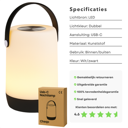 Cheqo® LED Nachtlamp Opblaadbaar - Nachtlampje - Leeslamp - Sfeerlamp - Lantaarn - Tuinlantaarn - Tafellamp - Dimbaar - Voor Binnen & Buiten - Kunststof - USB-C