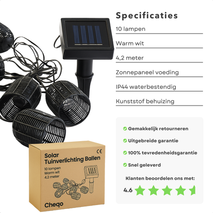 Cheqo® Solar LED Lichtslang - Lichtsnoer -  Tuinverlichting op Zonneenergie - Buitenverlichting Lichtslinger - Tuinverlichting Solar - Sfeerverlichting Buiten - Waterbestendig - Zwart Kunststof
