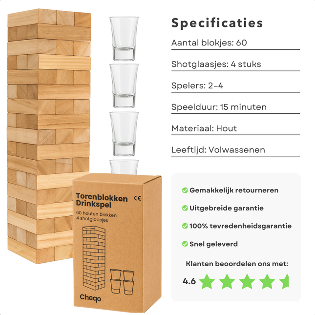 Cheqo® Drinkspel - Drankspel Voor Volwassenen - Gezelschapsspel - Houten Blokjes - Stapelspel - Spel Voor 2 - 4 Spelers - Gemiddelde Speeltijd 15 Minuten - Bouw De Toren - Vallende Toren - Shotglaasje Leegdrinken - 60 Houten Blokjes