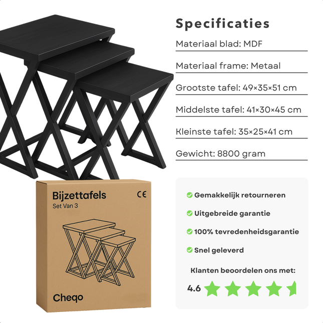 Cheqo® Moderne Bijzettafels Set - Salontafel Set - Tafelset - Bijzet Tafel Set - Bijzettafel Zwart Metaal & MDF - X Design - 3 Stuks