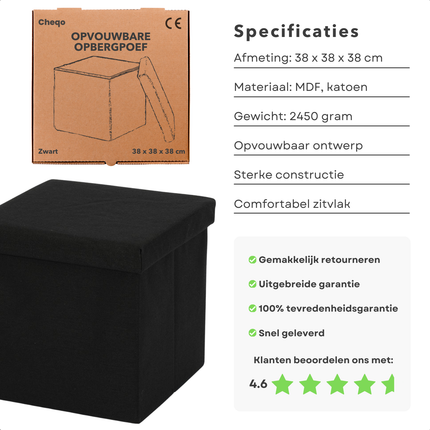 Cheqo® Opvouwbare Poef Met Opbergruimte - Zwart - Opbergbox - Organizer - Voetenbankje - Hocker - MDF en Katoen