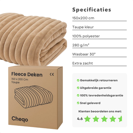 Cheqo® Fleece Deken - 150x200 cm - Dekentje - Taupe Kleur - 100% Polyester - Wasbaar Op 30 Graden - Fleece Plaid