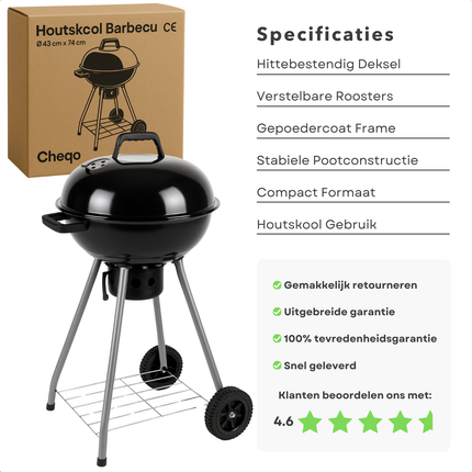Cheqo® Houtskool Barbecue Ø43 cm - Houtskoolbarbecue - Draagbare BBQ met Deksel - Perfect voor Tuin en Camping