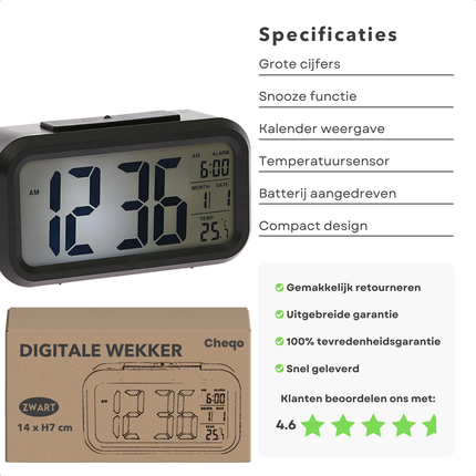 Cheqo® Digitale Wekker Zwart - Digitale Klok met Grote Cijfers - Reiswekker - LED Wekker - Alarmklok - Snooze Functie - ABS Materiaal - Zwart