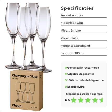 Cheqo® Luxe Champagneglazen Set - Luxe Champagne Glazen Set Smoked - Vaatwasserbestendig - Champagne Glas Set - Donker - Glazenset