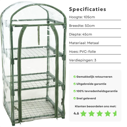 Cheqo® Transparante Tuinkas - Kweekkas - Broeikas met 3 Verdiepingen - Roldeur - 50x45x105 cm - Plantenkas voor Buiten