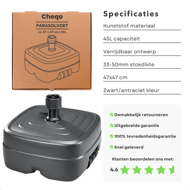 Cheqo® Parasolvoet - Vulbaar 45L - Verrijdbaar - Stevige Kunststof Parasolstandaard - Verrijdbaar - Geschikt voor 33-50 mm - Zwart