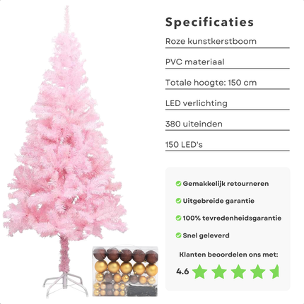 Cheqo® Roze Kerstboom - Kunstkerstboom 150 cm - Inclusief LED-Verlichting en Kerstballen - PVC en Staal