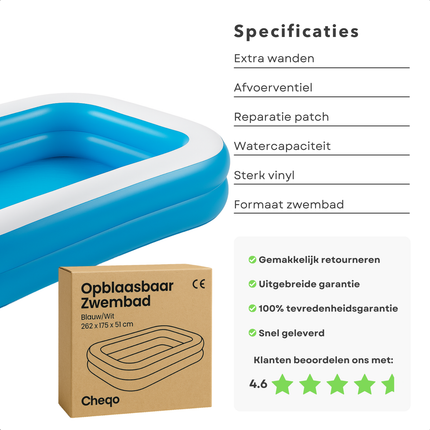 Cheqo® Opblaasbaar Zwembad - Kinderzwembad Blauw/Wit - Opblaaszwembad - Vinyl met Afvoerventiel