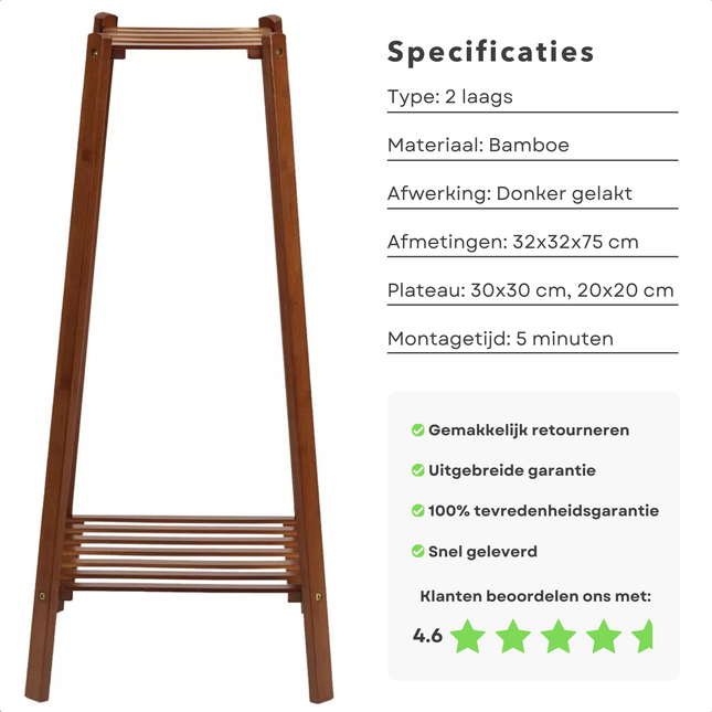 Bamboo plant stand with specifications, 2-tier, dark finish, 75 cm height, and customer rating of 4.6 stars.