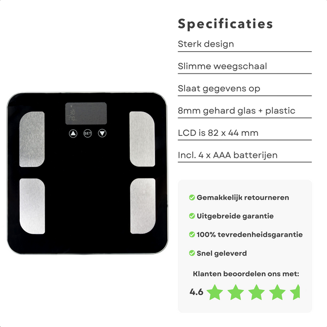 Cheqo® Smart Scale - Personenweegschaal - BMI, BMR, Vetpercentage, Watergehalte - 200kg Capaciteit - 8 Geheugenplaatsen - Automatische aan-/uitschakeling - 34.5x32.5x4cm - Lichaamsanalyse - Lange Levensduur Personenweegschaal