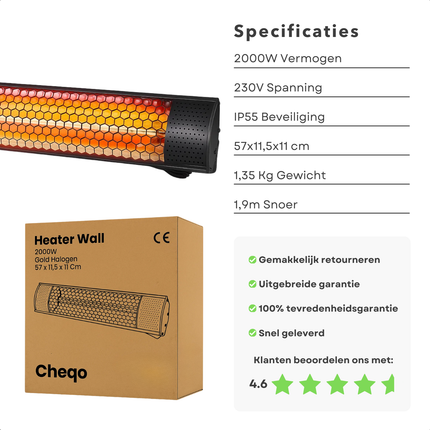Cheqo® Elektrische Terrasverwarmer - Infrarood Verwarming - 2000W Vermogen - Hangend Model - IP55 Bescherming - Spatwaterdicht - Binnen En Buiten Gebruik - Gouden Halogeenlamp - Wand- Of Plafondmontage - Energiezuinig