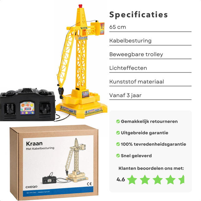 Cheqo® Speelgoed Kraan - Hijskraan Speelgoed - Bouwkraan Speelgoed - Kraan Speelgoed met Kabelbesturing - Bestuurbare Speelgoed Kraan - Speelgoed Kraan Kinderen - Speelgoed Kraan Vanaf 3 Jaar - Gele Speelgoed Kraan