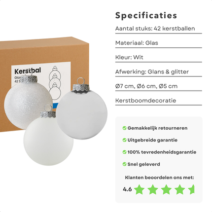 Cheqo® Kerstballen Set - Glazen Kerstballen - Witte Kerstballen - Kerstboom Decoratie - Glimmende Kerstballen - Glitter Kerstballen - Moderne Kerstdecoratie - Witte Kerstbal Set - Witte Ballen Kerst