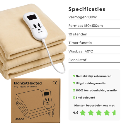 Cheqo® Elektrische Bovendeken - Warmtedeken - 180x130 cm - 1 Persoons - Flanel - Afstandsbediening - 10 Warmtestanden - Timerfunctie - Wasmachinebestendig - Snelle Opwarming - Energiezuinig - Ontspanning Spieren - Verbeterde Bloedsomloop