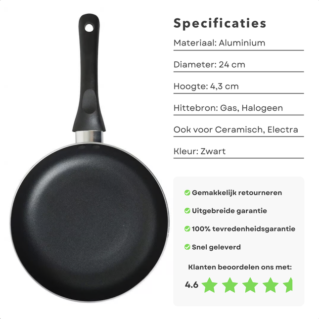 Cheqo® Aluminium Koekenpan 24 cm - Bakpan - Zwart - Geschikt voor Gas en Keramisch - Duurzaam en Anti-aanbak
