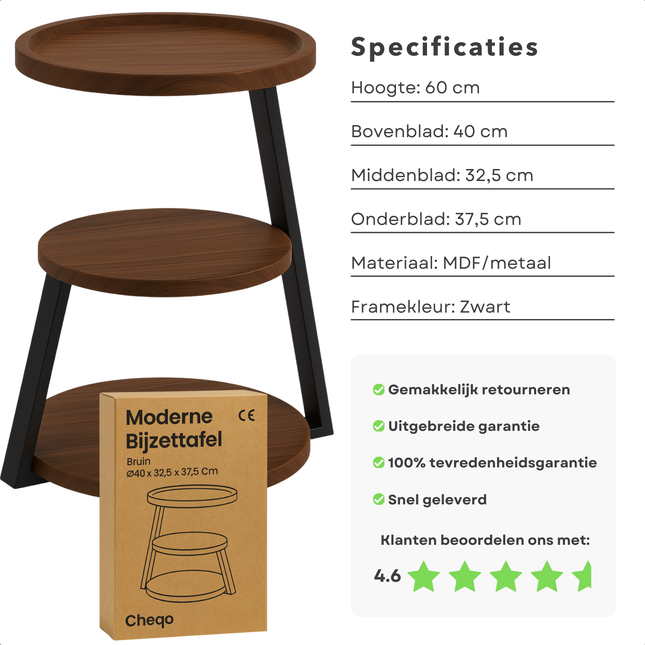 Cheqo® Moderne Bijzettafel - Bijzet Tafel - Bruin Bijzettafeltje - Zwart Metalen Frame - MDF Plateau - Opstaande Rand - Stelpootjes - Ronde Bijzettafel - Industriële Stijl - Woonkamer Tafel - Compacte Bijzettafel