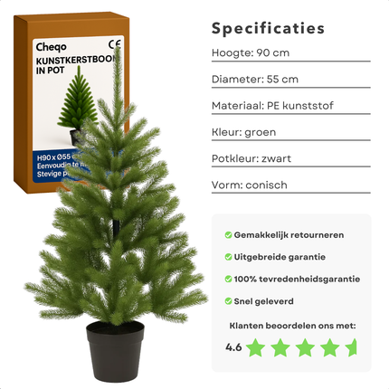 Cheqo® Kunstkerstboom In Pot - Compacte Kunstkerstboom - Kleine Kerstboom - Mini Kerstboom - Kerstboom 90 cm - Groene Kerstboom - Realistische Kerstboom - Natuurlijke Uitstraling - PE-Materiaal Kerstboom - Stevige Zwarte Pot - Kerstdecoratie