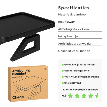 Cheqo® Armleuning Dienblad - Zwart Bamboe - Antislip Functie - Sofa Dienblad - Banktafel Dienblad - Opvouwbaar Dienblad - Bamboe Materiaal - Zwart Kleur - Bank Armleuning - Armleuning Tafel