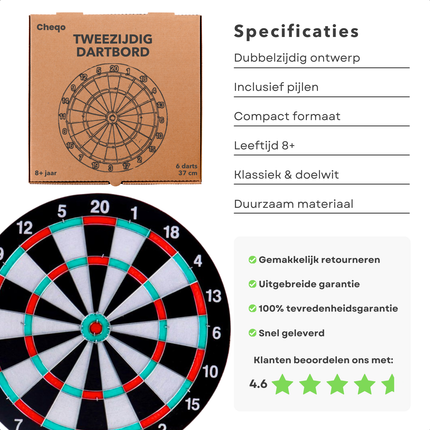Cheqo® Tweezijdig Dartbord Set - Darten Set - Met Dartpijlen - 37 cm - Inclusief 6 Pijlen - Voor Kinderen en Volwassenen - Dubbelzijdig