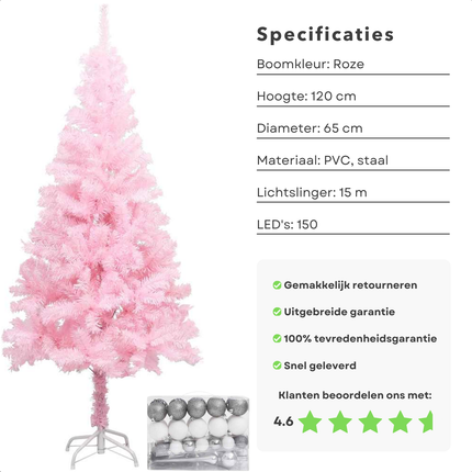 Cheqo® Roze Kerstboom - Kunstkerstboom 120 cm - Met LED-Verlichting en Kerstballen - PVC - Inclusief Standaard