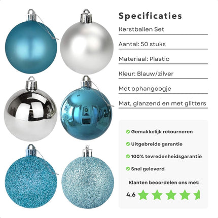 Cheqo® Luxe Kerstballen Set - Kerstballenset - Kerstdecoratie - Kerstboom Versieren - Kerstversiering - Onbreekbaar - Met Ophangoogje - Kerstversiering Kerstboom - Mat - Glans - Glitter - Blauw - Zilver - Verschillende Texturen Kerstballen