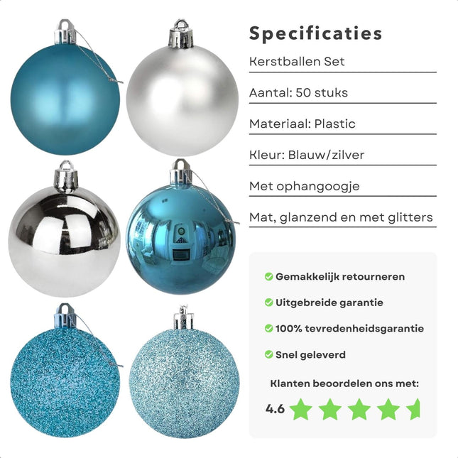 Cheqo® Luxe Kerstballen Set - Kerstballenset - Kerstdecoratie - Kerstboom Versieren - Kerstversiering - Onbreekbaar - Met Ophangoogje - Kerstversiering Kerstboom - Mat - Glans - Glitter - Blauw - Zilver - Verschillende Texturen Kerstballen