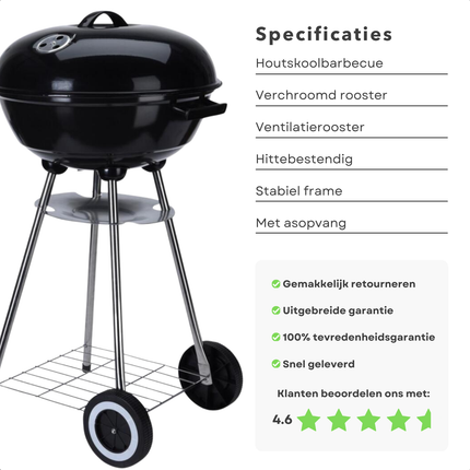 Cheqo® Houtskool Barbecue - Kogelgrill Houtskoolbarbecue - BBQ - Barbecue met Wielen - Zwart Metaal - Op Wielen