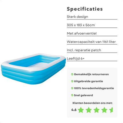 Cheqo® Familiebad - Extra Groot Zwembad - 305x183x56cm - 1161 liter - Incl. Reparatiepatch - Ideaal voor kinderen - Vanaf 6 jaar - Zwembad - Opblaasbaar - Zwembaden - Rechthoekig - Opblaasbad - Extra Brede Wanden - Incl. Reparatiepatch - Stevig Vinyl Opblaasbare Zwembaden