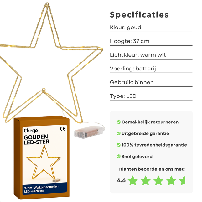 Cheqo® Goudkleurige Kerstster - Kerstster Met Ledverlichting - Ledverlichting Op Batterij - Kerstdecoratie Goud - Kerstversiering Met Licht - Sfeerverlichting Kerst - Kerst Verlichting - Kerst Decoratie Ster - Kerstornament