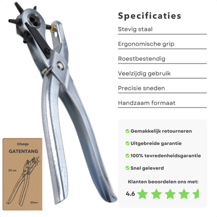 Cheqo® Metalen Gatentang - 20 cm - Gaatjesmaker - Gatenmaker - Gaatjestang voor Riem - Revolvertang - Voor Leerbewerking - Handmatige Precisie