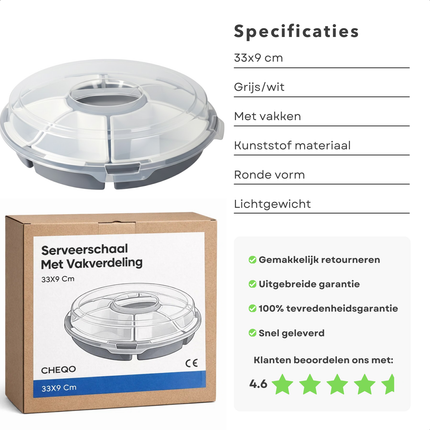 Cheqo® Serveerschaal met Vakverdeling - Serveerschaal Vakverdeling - Serveerschaal met Vakjes - Serveerschaal met Compartimenten - Vakverdeling Schaal - Snackschaal met Vakverdeling - Snackschaal met Vakjes - Borrelschaal met Vakverdeling