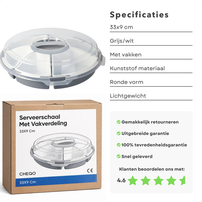 Cheqo® Serveerschaal met Vakverdeling - Serveerschaal Vakverdeling - Serveerschaal met Vakjes - Serveerschaal met Compartimenten - Vakverdeling Schaal - Snackschaal met Vakverdeling - Snackschaal met Vakjes - Borrelschaal met Vakverdeling