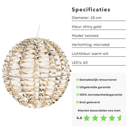 Cheqo® Verlichte Bal - Lichtbal - Lichtbol - Kerstversiering - Sfeerverlichting Binnen - Kerstverlichting - Kerstbal Verlicht - Kerstdecoratie Goud - 25 cm - Warm Witte LED - Metalen Decoratie