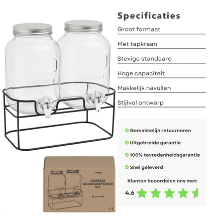 Cheqo® Dubbele Glazen Drankdispenser met Kraantje - Limonadetap - Waterdispenser - Watertap - Drankendispenser - Sapdispenser - 4L - Met Standaard - Ideaal voor Feestjes